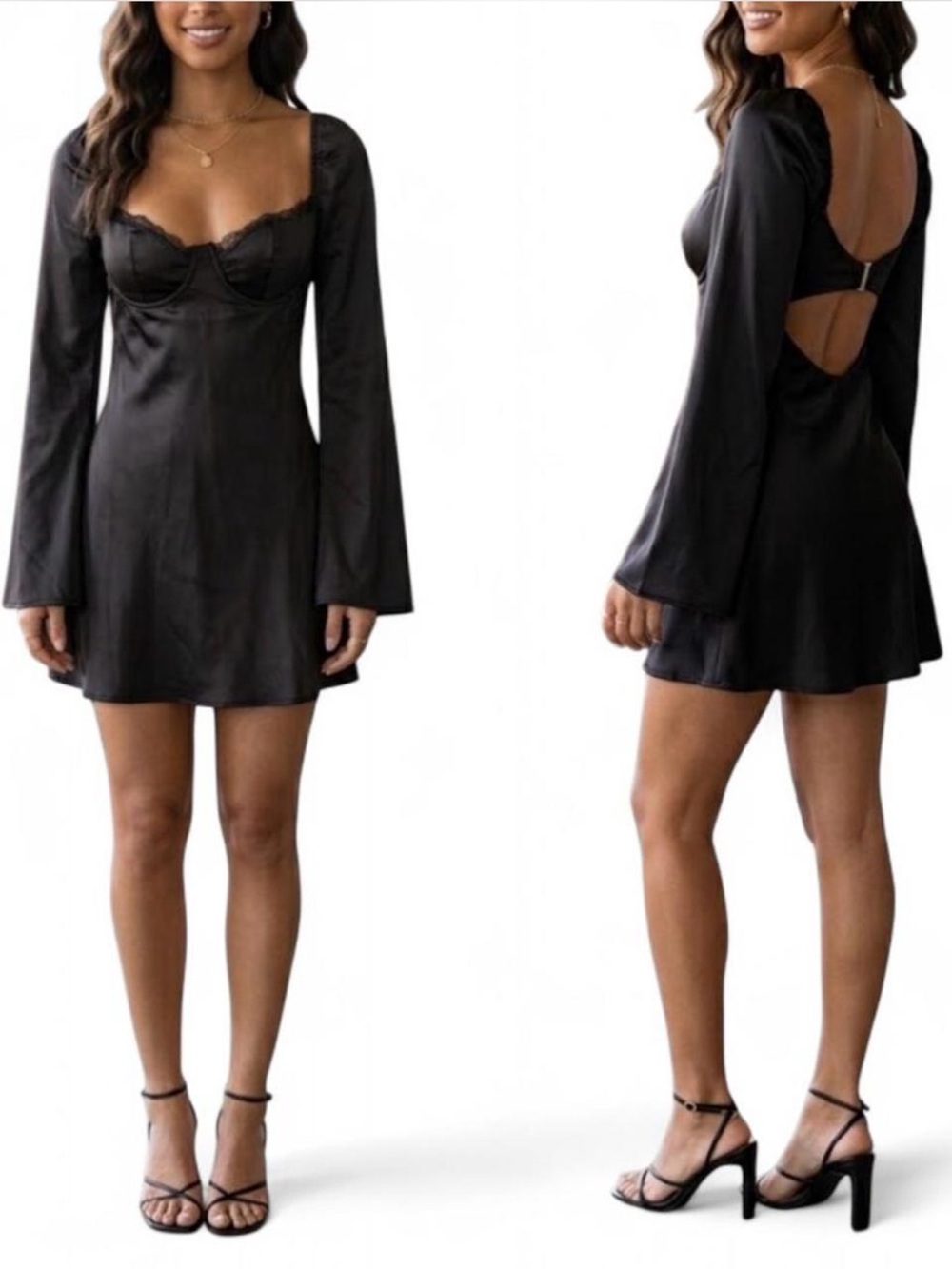 Princess Polly Black Satin Long Bell Sleeve Underwire Bustier Mini Dress Size 2